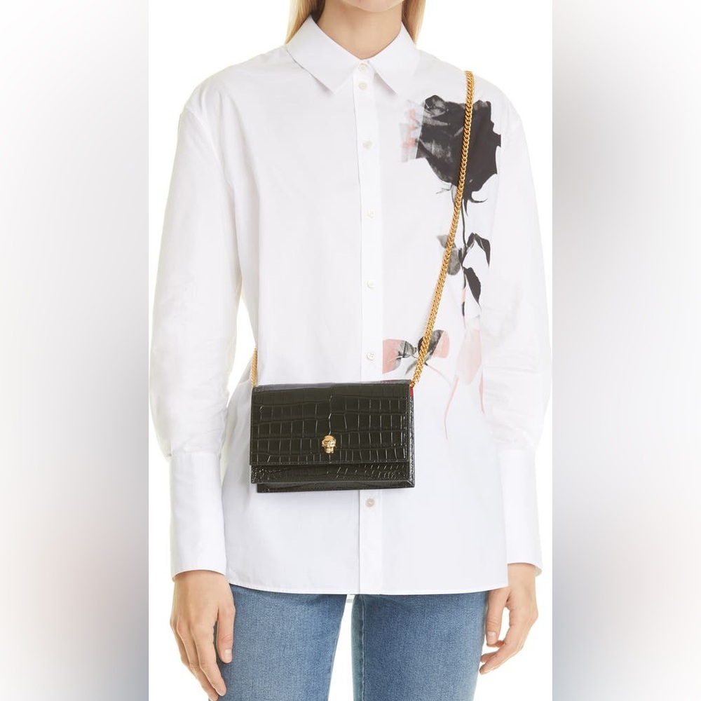 Alexander McQueen Small Skull Bag in black shiny croc-embossed calf leather